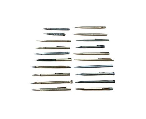 Collection of propelling pencils and pens, including silver and gold plated