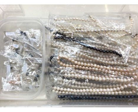 Group of cultured pearl single strand necklaces and bracelets with silver (925) clasps and pairs of cultured pearl silver (92