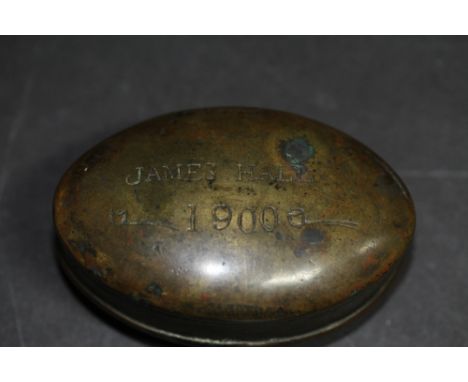 Late Victorian brass oval pipe tobacco box dated 1900, James Hall