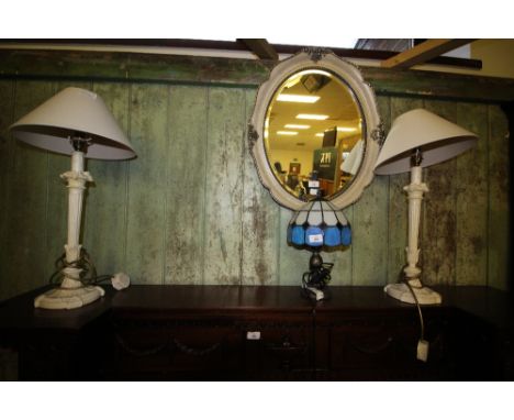 Pair of cream electric lamps and leaded lamp