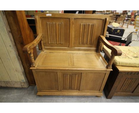 'Golden Oak' linenfold monks bench