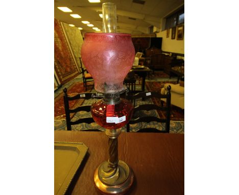 Ruby Glass &amp; Lacquered Brass Oil Lamp