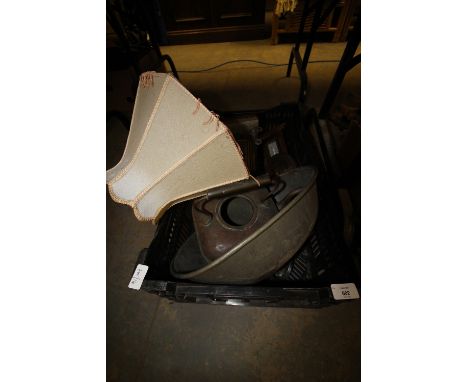 Box of Miscellaneous, Meat Cover, Copper Kettle, Lamp etc