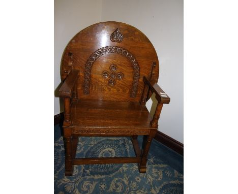 Circular carved oak monks bench