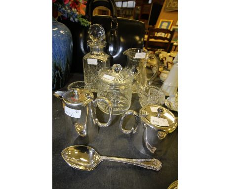 Maple &amp; Co teapot, 2 Palace Houses hot water pots, Crystal decanter, biscuit barrel etc