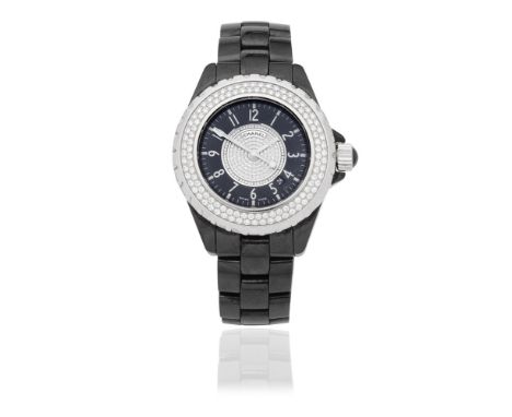 CHANEL: CERAMIC AND DIAMOND 'J12' WRISTWATCHThe circular dial with Arabic numerals, pavé-set to the centre with brilliant-cut