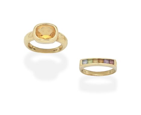 H STERN: MULTI GEM-SET RING AND A CITRINE RING1st: Channel-set with a row of step-cut gemstones including citrine, amethyst a