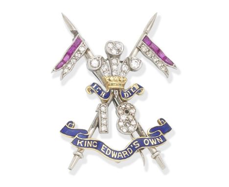 GEM-SET AND ENAMEL 18TH KING EDWARD'S OWN CAVALRY REGIMENTAL BROOCH, CIRCA 1922The two crossed lances with flags set with cal