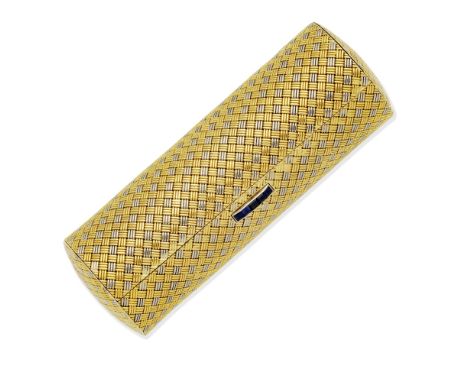 SAPPHIRE-SET GOLD NÉCESSAIRE, 1959Bicoloured, of woven 18 carat gold, with a step-cut sapphire clasp,  UK hallmark,  length 9