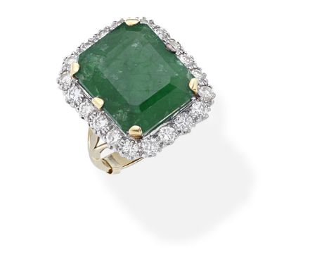 EMERALD AND DIAMOND RINGThe step-cut emerald within a surround of brilliant-cut diamonds, diamonds approx. 1.30cts total, rin