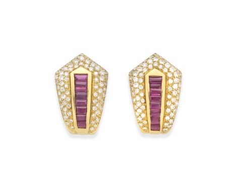 RUBY AND DIAMOND EARCLIPSEach set with a row of graduated step-cut rubies, within a  pavé-set brilliant-cut diamond surround,