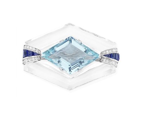 GARRARD: ART DECO AQUAMARINE, ROCK CRYSTAL, SAPPHIRE AND DIAMOND BROOCH, CIRCA 1925The lozenge-shaped step-cut aquamarine wit