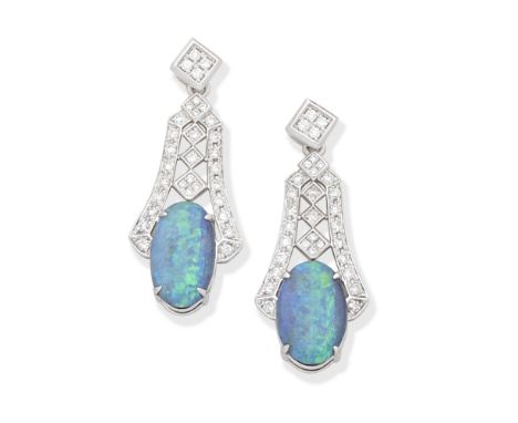 BOULDER OPAL AND DIAMOND EARRINGSEach oval-cut boulder opal, set within an openwork brilliant-cut diamond surround,  length 2