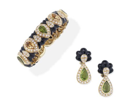 GEM-SET, DIAMOND AND ENAMEL BANGLE AND EARRING SUITEThe sprung bangle, decorated with black enamel, set to the front with alt