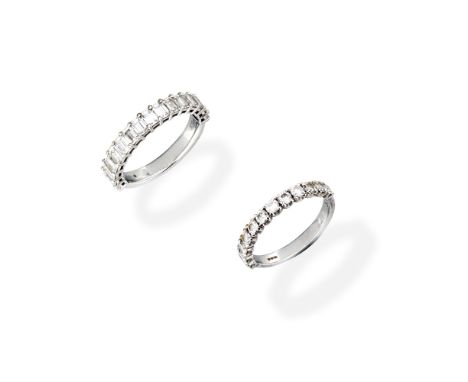 TWO DIAMOND HALF ETERNITY RINGS1st: Set with step-cut diamonds, 2nd: Set with brilliant-cut diamonds, diamonds approx. 1.40ct