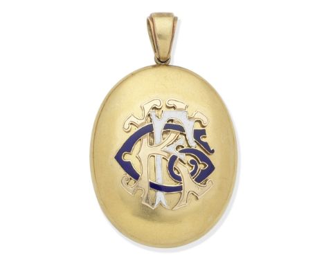 ENAMEL LOCKET PENDANT, CIRCA 1870The gold locket with applied GFK monogram to the front, decorated with white and blue enamel