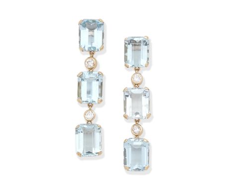 AQUAMARINE AND DIAMOND PENDENT EARRINGSEach suspending a row of step-cut aquamarines, with brilliant-cut diamond accents,  le