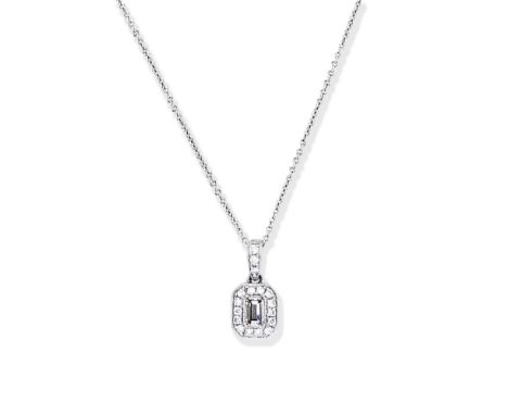 DIAMOND PENDANT/NECKLACESet with a step-cut diamond within a brilliant-cut diamond surround, partial UK hallmarks,  lengths: 