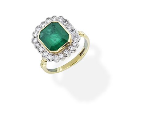 EMERALD AND DIAMOND RINGThe step-cut emerald within a brilliant-cut diamond surround, mounted in 18 carat gold, London hallma