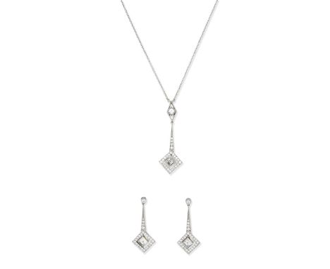 DIAMOND NECKLACE AND EARRING SUITE, 2003Of geometric design, set with brilliant and step-cut diamonds, the earrings of matchi