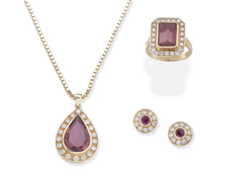 TOURMALINE AND DIAMOND PENDANT, RING AND EARRING SUITEEach pear-shaped, step or circular-cut tourmaline within a brilliant-cu