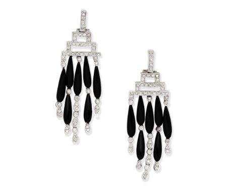 ONYX AND DIAMOND CHANDELIER EARRINGSEach surmount of geometric design, set with brilliant-cut diamonds, suspending onyx and d