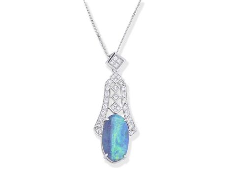 BOULDER OPAL AND DIAMOND PENDANT/NECKLACESet with an oval-cut boulder opal and brilliant-cut diamonds, on a trace link chain,