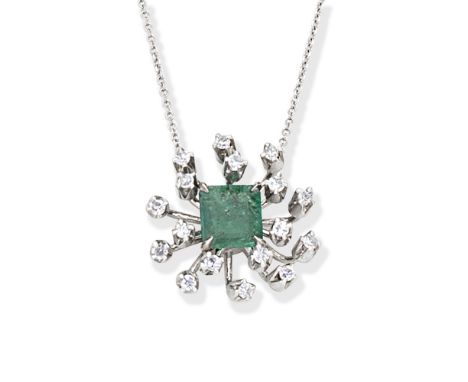 EMERALD AND DIAMOND NECKLACEThe step-cut emerald within a spray surround set with brilliant-cut diamonds, on a trace-link cha