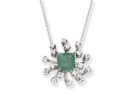 EMERALD AND DIAMOND NECKLACEThe step-cut emerald within a spray surround set with brilliant-cut diamonds, on a trace-link cha