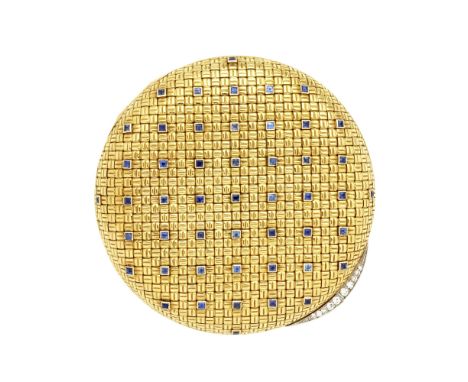 VAN CLEEF &amp; ARPELS: SAPPHIRE AND DIAMOND-SET COMPACT, MID 20TH CENTURYOf woven design, accented by square-cut sapphires, 