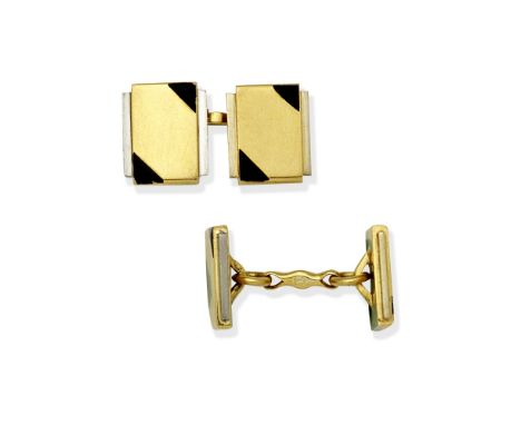 CARTIER: ENAMEL CUFFLINKS, MID 20TH CENTURYDouble-sided, each of bicoloured design, decorated with black enamel corners,  sig