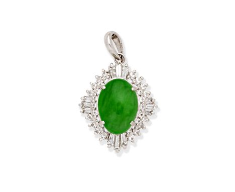 JADE AND DIAMOND PENDANTThe oval jadeite jade cabochon within a brilliant and tapered baguette-cut diamond double surround, d