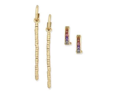 H STERN: TWO PAIRS OF EARRINGS1st: Each designed as a row of step-cut channel-set vari-coloured sapphires, 2nd: Each designed