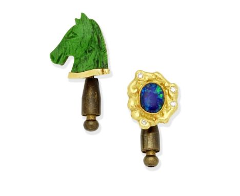 GRIMA: TWO GEM-SET PINS,  1967-681st: Set with an opal-doublet within a textured 18 carat gold surround, accented by single-c