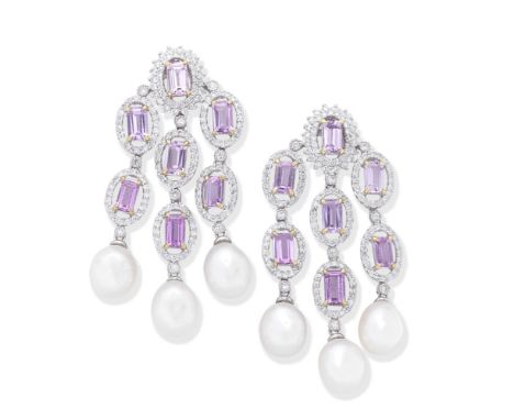 PINK SAPPHIRE, DIAMOND AND CULTURED PEARL PENDENT EARRINGSOf chandelier design, set with step-cut pink sapphires, brilliant-c