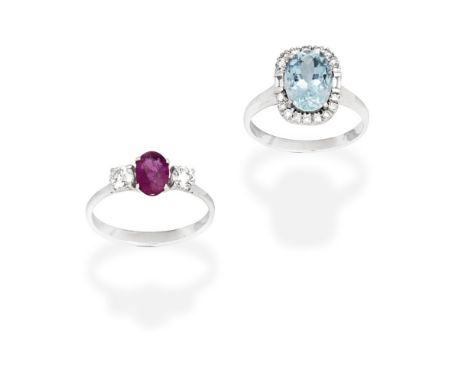 RUBY AND DIAMOND RING; AQUAMARINE AND DIAMOND RING1st: Set with an oval-cut ruby between brilliant-cut diamonds, mounted in 1