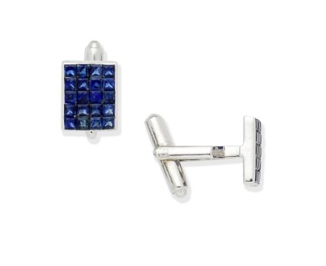 SAPPHIRE CUFFLINKSSingle-sided, each panel with invisibly-set sapphires, to a T-bar terminal, plaque length 1.2cmFor further 