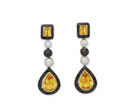 CITRINE, DIAMOND AND BLACK DIAMOND EARRINGSEach surmount set with a step-cut citrine within a circular-cut treated black diam