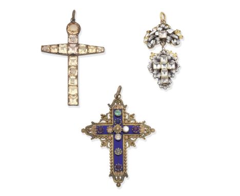 THREE GEM-SET CROSS PENDANTS, 19TH CENTURY1st: Set with vari-cut topaz in pinched collets, circa 1820, 2nd: With blue enamel 