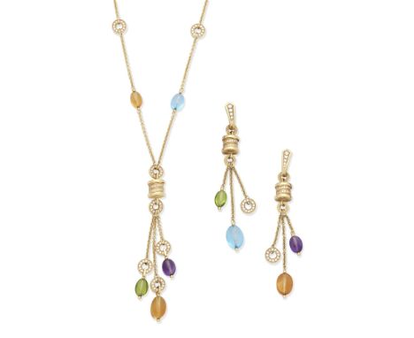 BULGARI: 'B.ZERO1' GEM-SET AND DIAMOND NECKLACE AND EARRING SUITEEach sprung cylinder issuing a cable-link tassel with hoop t