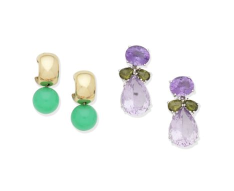 TWO PAIRS OF GEM-SET EARRINGS1st: Each pear-shaped amethyst beneath a pair of checkerboard cut green-stones, suspended from a