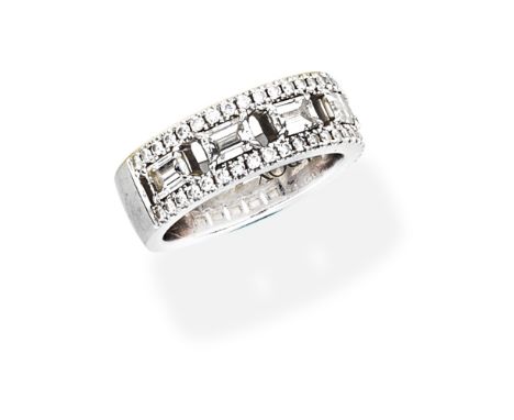 DIAMOND RINGThe row of step-cut diamonds in an openwork setting, within a brilliant-cut diamond border, diamonds approx. 1.40