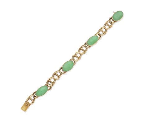 JADE BRACELET, CIRCA 1960Designed as a series of fluted fancy-links, set with cabochon jade plaques, length approx. 18.0cmFoo