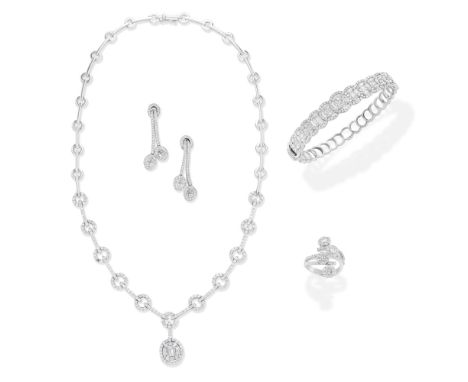 DIAMOND NECKLACE, BANGLE, RING AND PENDENT EARRINGSThe necklace of fancy-links, set with brilliant-cut diamonds, terminating 