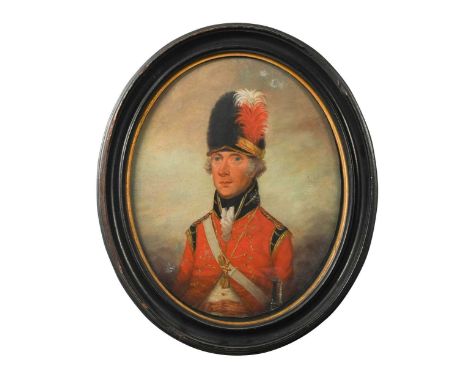 Circle of Francis Alleyne (1750-1815) Portrait of an officer of Volunteers, circa 1795, in uniform and a plumed bearskinoil o