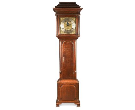 An oak longcase clock, late 18th century,  the caddy top hood with 13.25inch brass dial signed 'Jonathan Lees, Bury', with in