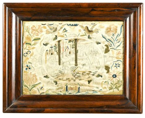 An unfinished silk stumpwork picture of a royal court scene, 17th century,  with a seated king, a queen and attendants, withi