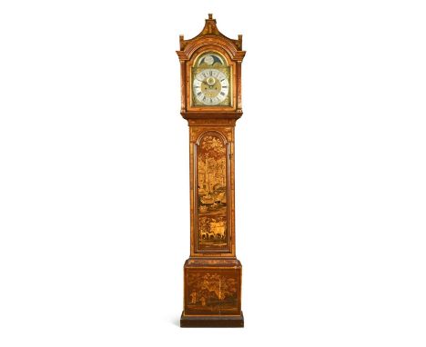 A George III red lacquer longcase clock,  the pagoda hood with 12inch brass dial signed 'Isaac Vallet Southampton', moonphase