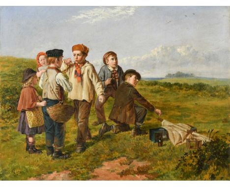 William Hemsley RBA (1817/18-1906) 'Birdcatchers - an advanced sketch'signed and inscribed with title to the reverseoil on ca