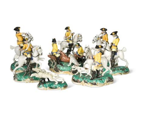 A set of seven Nymphenburg porcelain hunting figures, circa 1960, by Frankenthal, after the 18th century originals, each natu